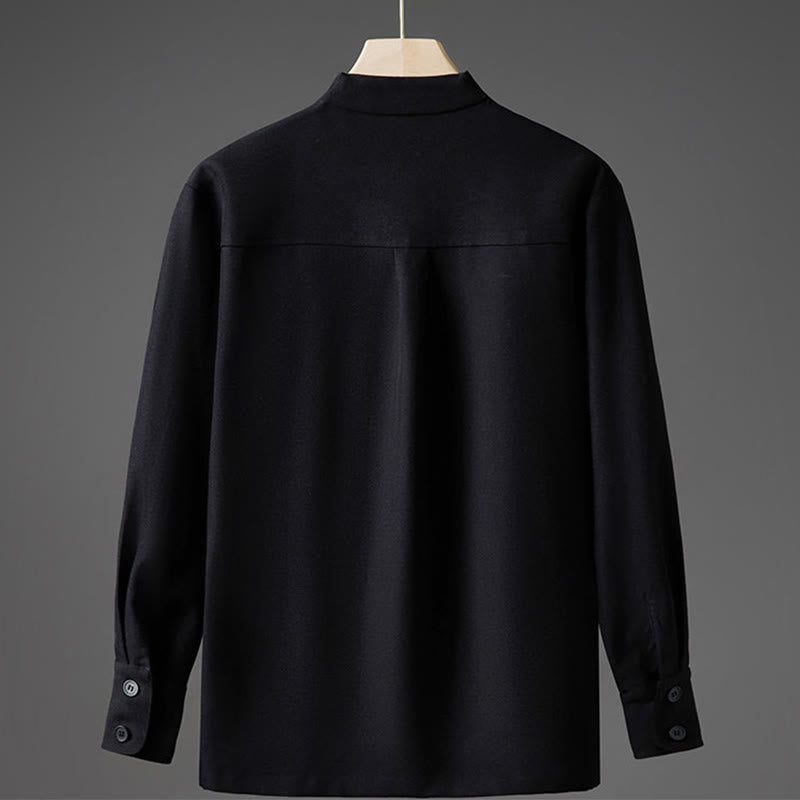 Buddha Stones無地 秋 長袖 隠しハーフボタンデザイン メンズシャツ - image 9