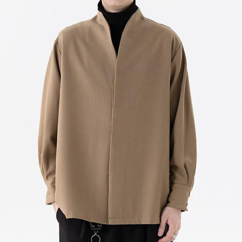 Buddha Stones無地 秋 長袖 隠しハーフボタンデザイン メンズシャツ - image 12