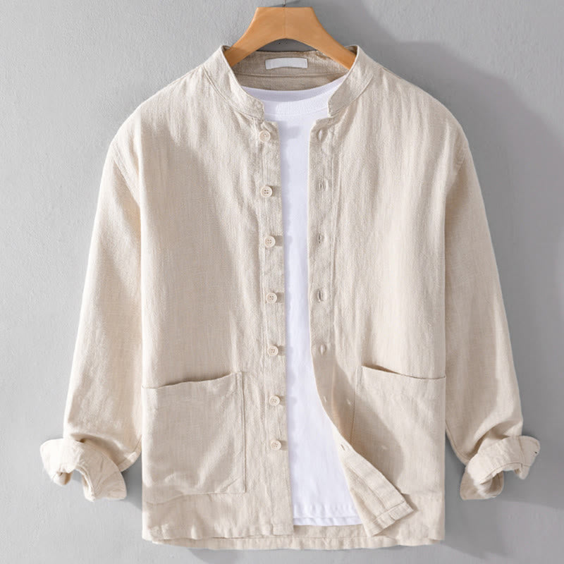 Buddha Stones無地 長袖 ボタンダウン ラミーコットン メンズ シャツ ポケット付き - ベージュ - US/UK/AU42、 EU52 (3XL) - image 8