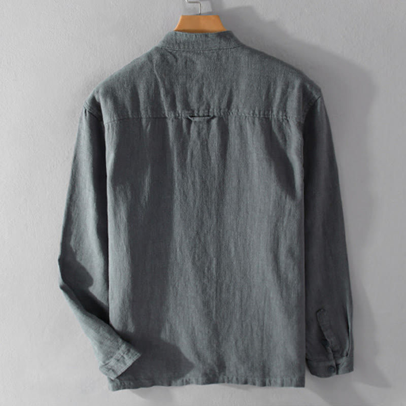 Buddha Stones無地 長袖 ボタンダウン ラミーコットン メンズ シャツ ポケット付き - image 2