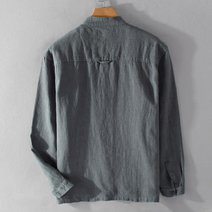 Buddha Stones無地 長袖 ボタンダウン ラミーコットン メンズ シャツ ポケット付き - image 2