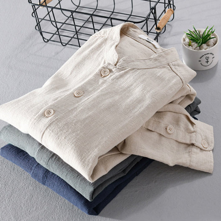 Buddha Stones無地 長袖 ボタンダウン ラミーコットン メンズ シャツ ポケット付き - image 18