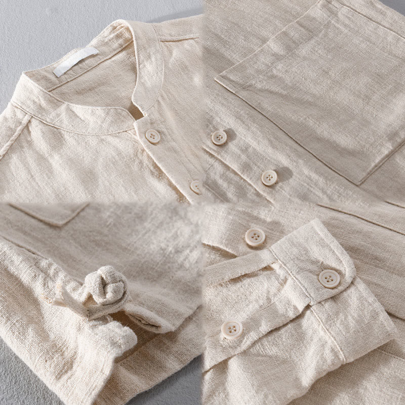 Buddha Stones無地 長袖 ボタンダウン ラミーコットン メンズ シャツ ポケット付き - image 16