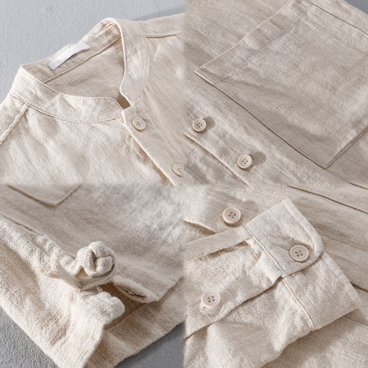 Buddha Stones無地 長袖 ボタンダウン ラミーコットン メンズ シャツ ポケット付き - image 16