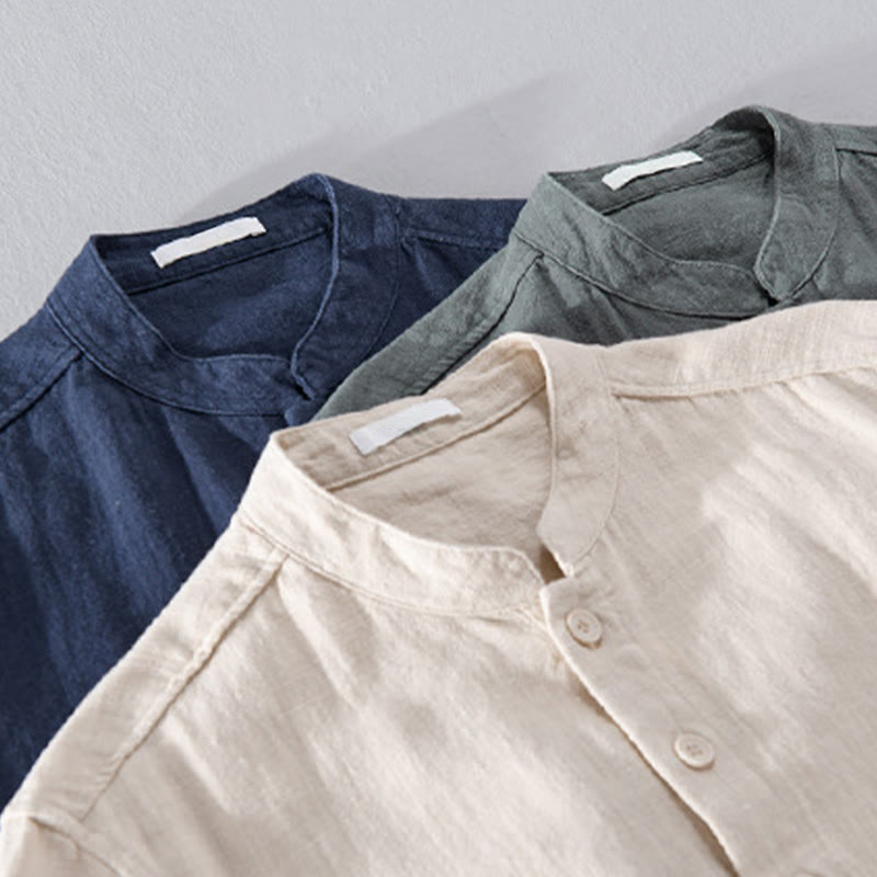 Buddha Stones無地 長袖 ボタンダウン ラミーコットン メンズ シャツ ポケット付き - image 27