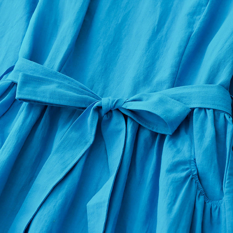 Buddha Stones無地 長袖 レースアップデザイン レディース コットン ミディドレス ポケット付き - image 3