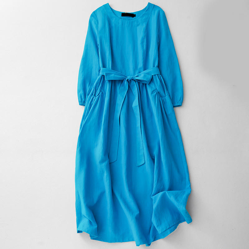 Buddha Stones無地 長袖 レースアップデザイン レディース コットン ミディドレス ポケット付き - ディープスカイブルー - US8-10,UK/AU12-14,EU40-42 (2XL) - image 0