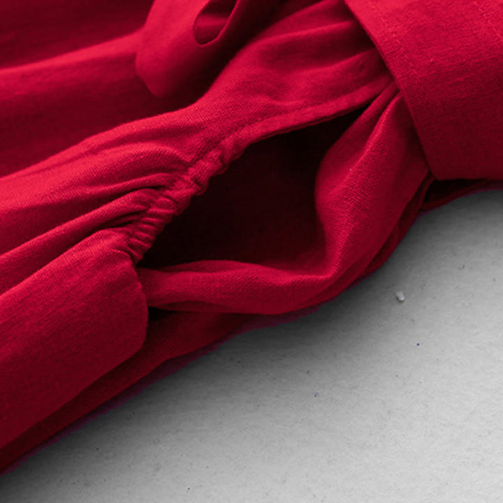 Buddha Stones無地 長袖 レースアップデザイン レディース コットン ミディドレス ポケット付き - image 16