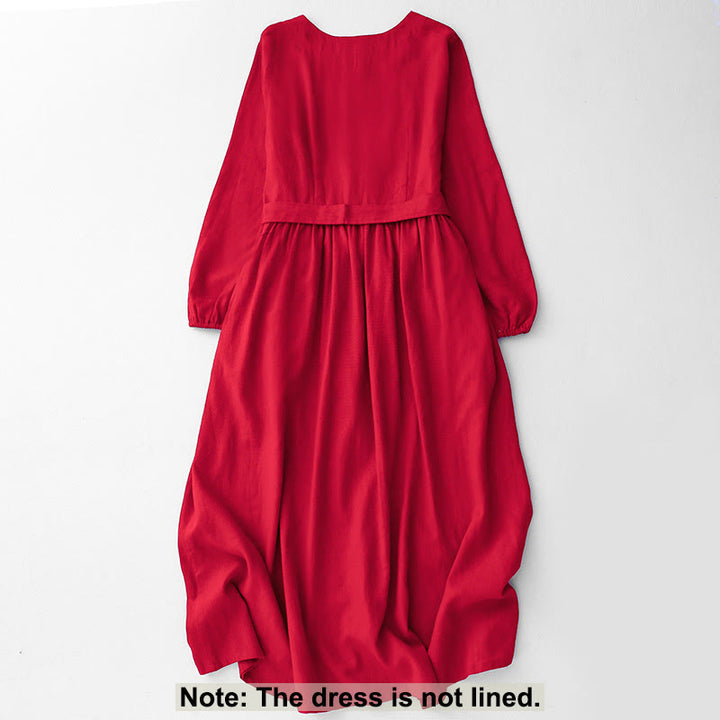 Buddha Stones無地 長袖 レースアップデザイン レディース コットン ミディドレス ポケット付き - image 12