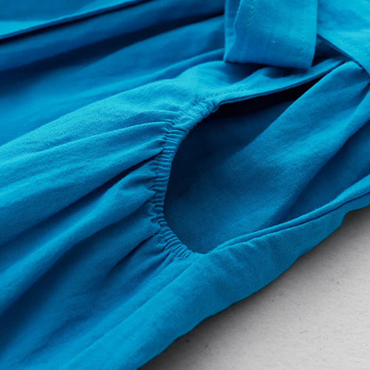 Buddha Stones無地 長袖 レースアップデザイン レディース コットン ミディドレス ポケット付き - image 6