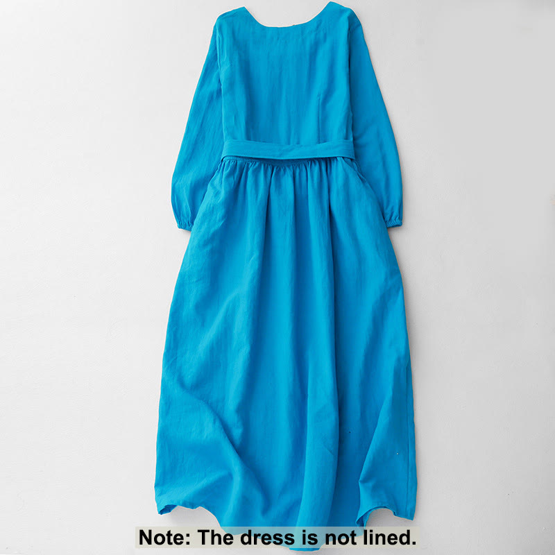 Buddha Stones無地 長袖 レースアップデザイン レディース コットン ミディドレス ポケット付き - image 1