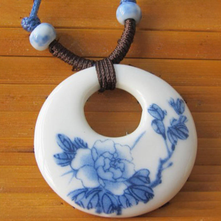 Buddha Stonesエスニック 牡丹 桃の花 蓮のシンボル 陶器 ネックレス 悟りのペンダント - image 2