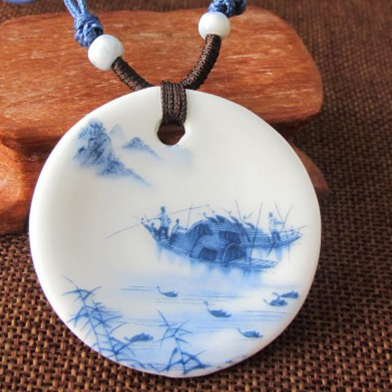 Buddha Stonesエスニック 牡丹 桃の花 蓮のシンボル 陶器 ネックレス 悟りのペンダント - 霧深い川のボート風景 - image 10