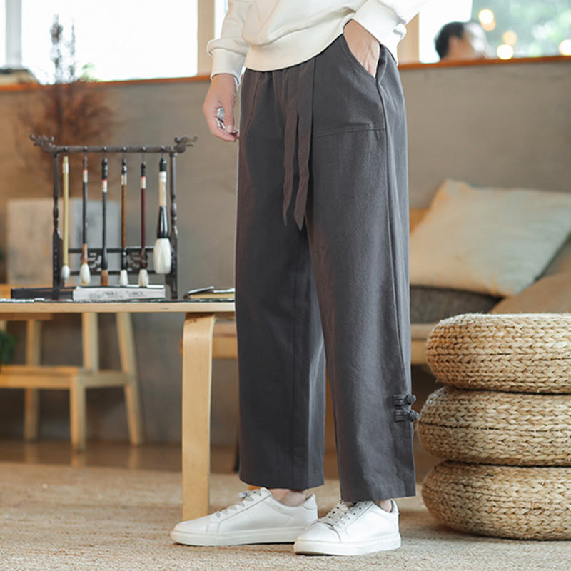 Buddha Stones秋巾着中国風フロッグボタンメンズワイドレッグコットンパンツポケット付き - image 5