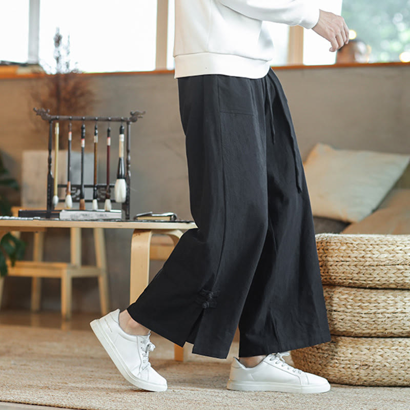 Buddha Stones秋巾着中国風フロッグボタンメンズワイドレッグコットンパンツポケット付き - image 17