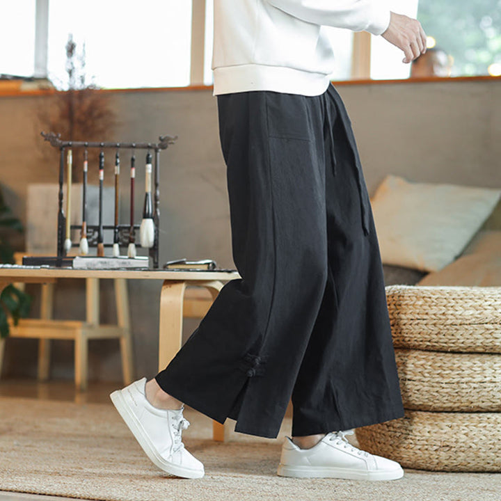 Buddha Stones秋巾着中国風フロッグボタンメンズワイドレッグコットンパンツポケット付き - image 17