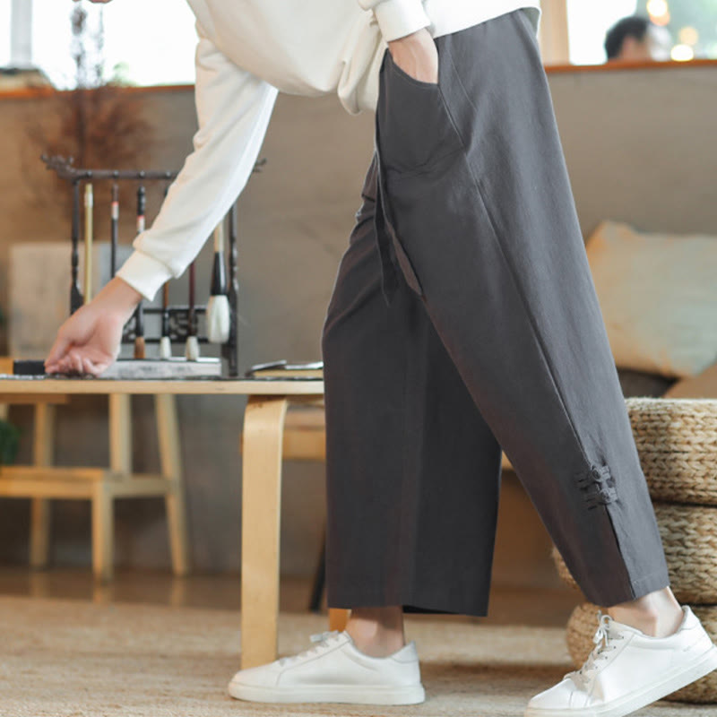 Buddha Stones秋巾着中国風フロッグボタンメンズワイドレッグコットンパンツポケット付き - image 8