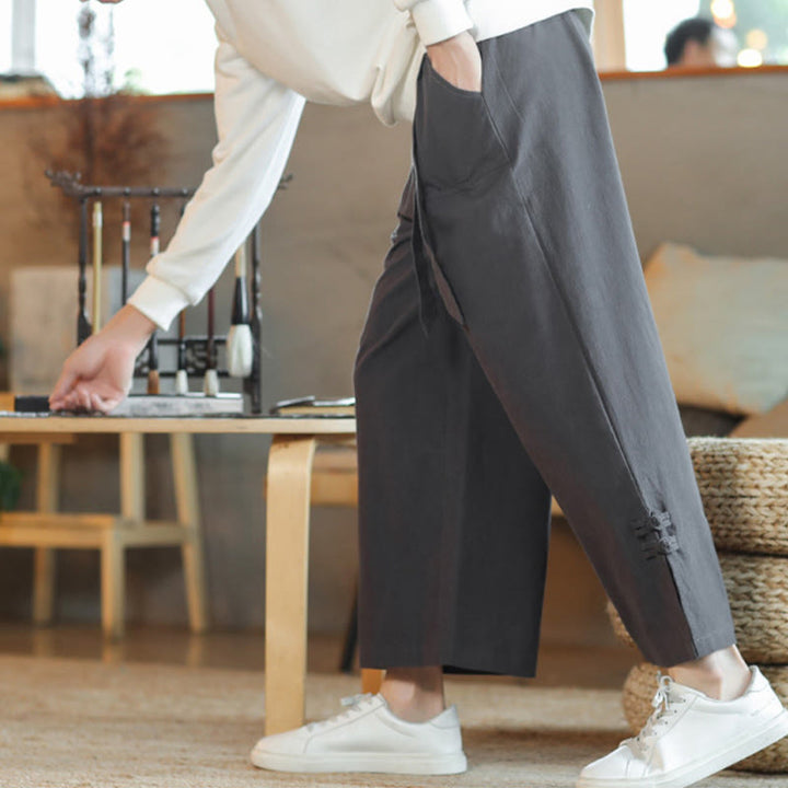 Buddha Stones秋巾着中国風フロッグボタンメンズワイドレッグコットンパンツポケット付き - image 8