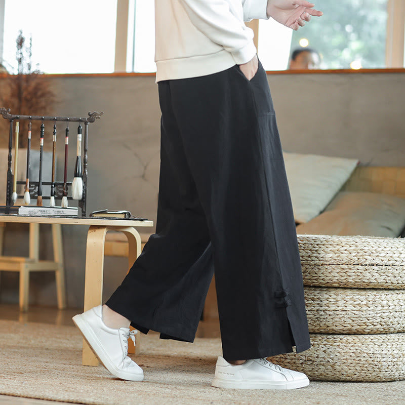 Buddha Stones秋巾着中国風フロッグボタンメンズワイドレッグコットンパンツポケット付き - image 16