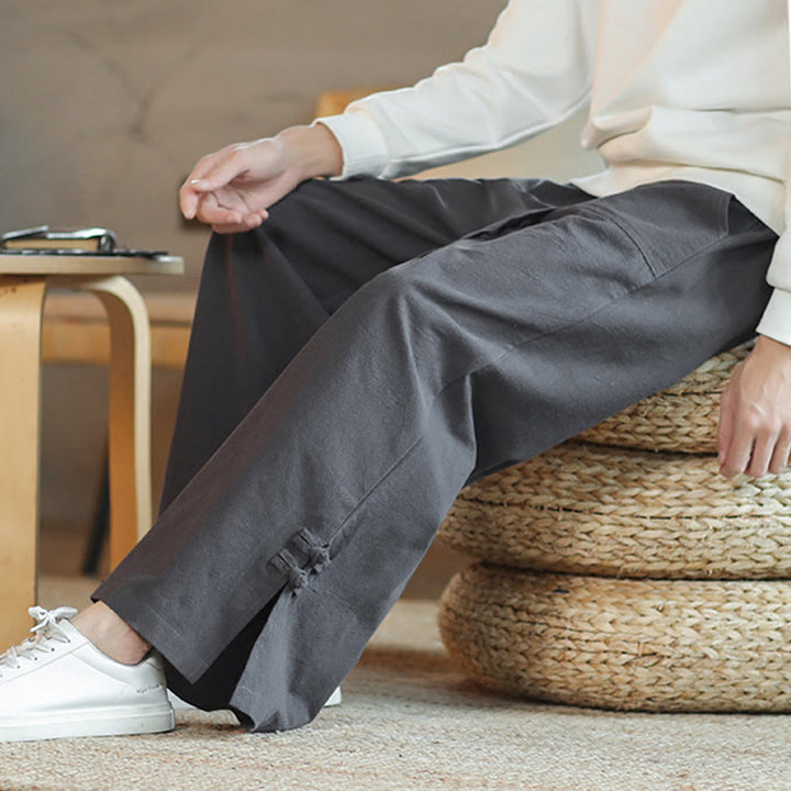 Buddha Stones秋巾着中国風フロッグボタンメンズワイドレッグコットンパンツポケット付き - image 9