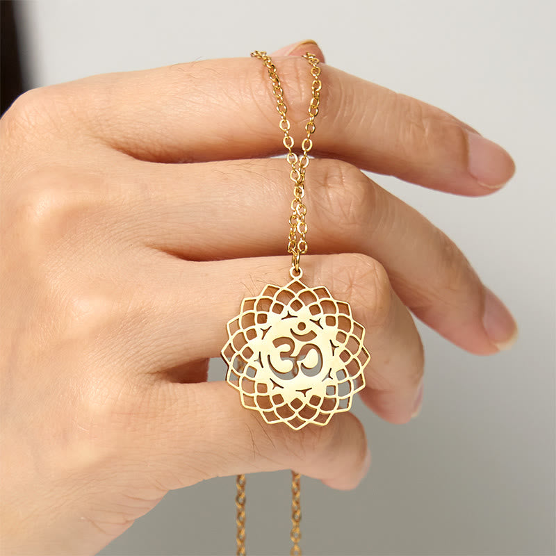 Buddha Stones中空蓮華デザイン Omシンボル ステンレススチール コネクションネックレス ペンダント - image 5