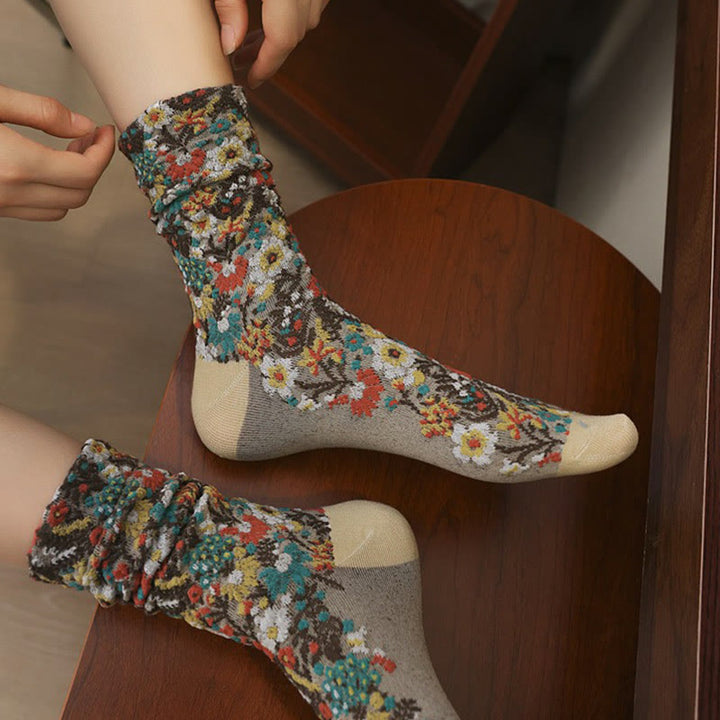 Buddha Stonesエスニックテクスチャードフローラル柄 レディース マイクロクルー コットンソックス - image 0