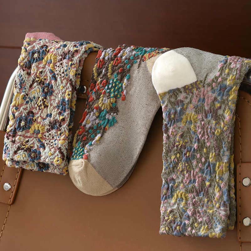 Buddha Stonesエスニックテクスチャードフローラル柄 レディース マイクロクルー コットンソックス - image 19