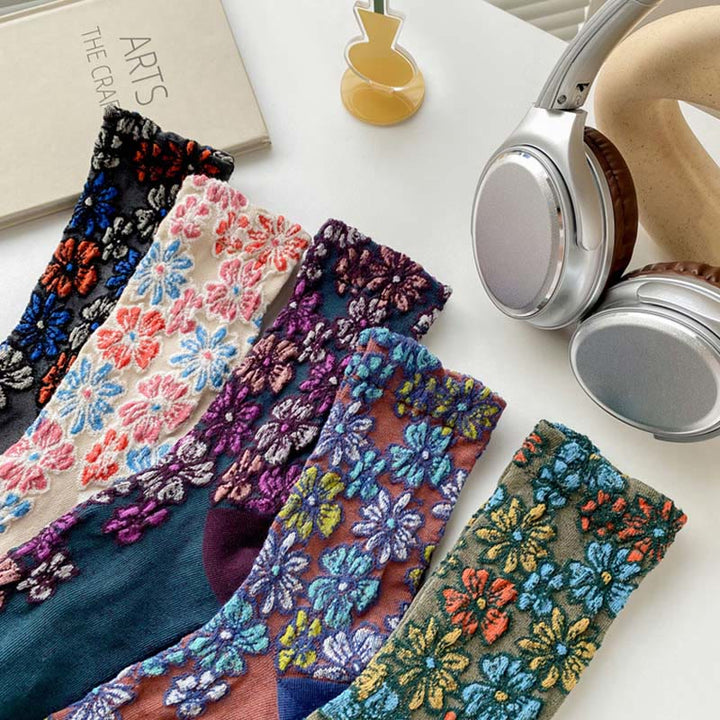 Buddha Stonesエスニック テクスチャード フローラル コントラストカラーデザイン レディース マイクロクルー コットンソックス - image 24