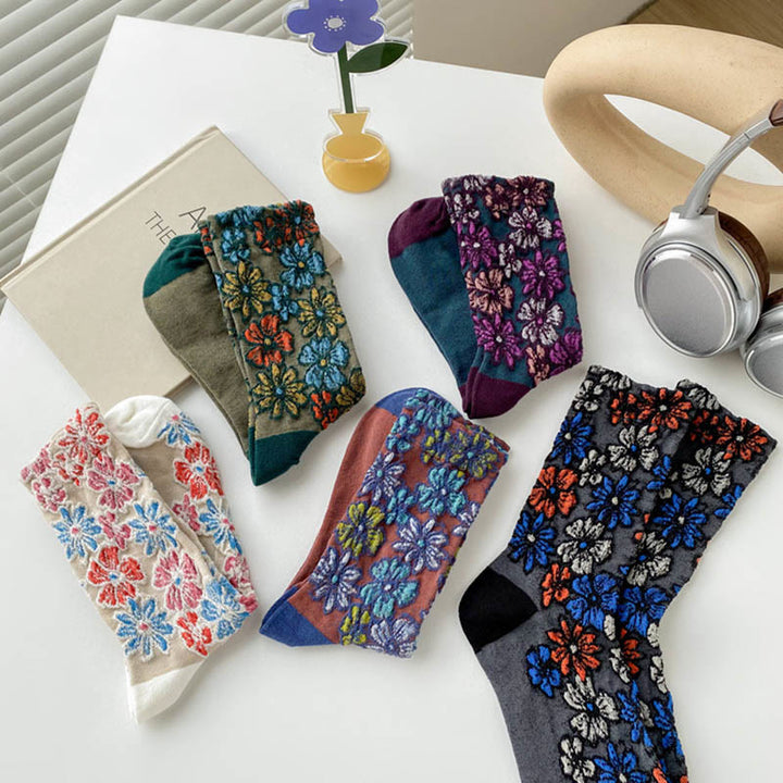 Buddha Stonesエスニック テクスチャード フローラル コントラストカラーデザイン レディース マイクロクルー コットンソックス - image 23