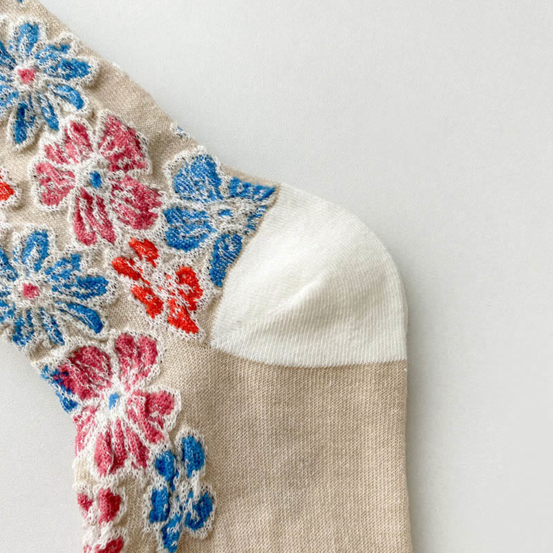 Buddha Stonesエスニック テクスチャード フローラル コントラストカラーデザイン レディース マイクロクルー コットンソックス - image 6