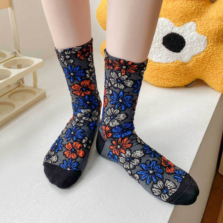 Buddha Stonesエスニック テクスチャード フローラル コントラストカラーデザイン レディース マイクロクルー コットンソックス - image 2