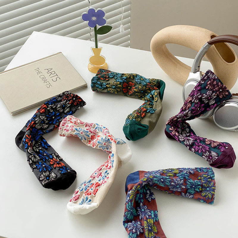 Buddha Stonesエスニック テクスチャード フローラル コントラストカラーデザイン レディース マイクロクルー コットンソックス - image 22