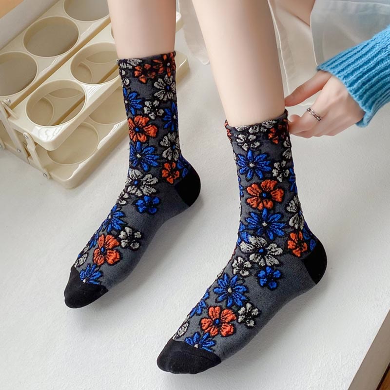 Buddha Stonesエスニック テクスチャード フローラル コントラストカラーデザイン レディース マイクロクルー コットンソックス - image 0