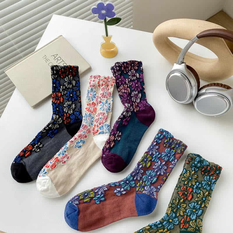 Buddha Stonesエスニック テクスチャード フローラル コントラストカラーデザイン レディース マイクロクルー コットンソックス - image 19