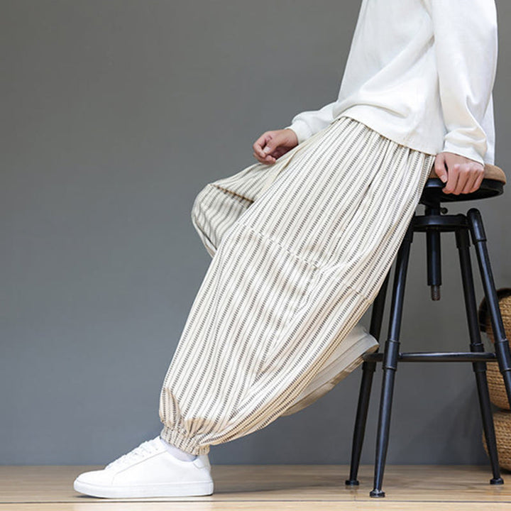 Buddha Stones秋 ストライプ柄 ドローストリング メンズ ハーレム コーデュロイ パンツ ポケット付き - image 32