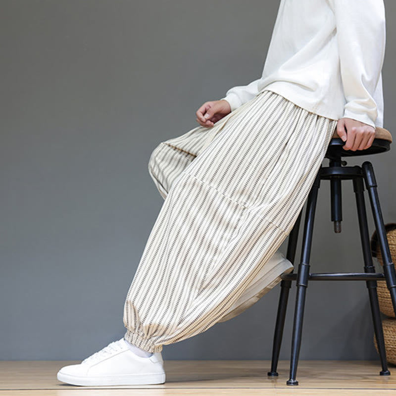 Buddha Stones秋 ストライプ柄 ドローストリング メンズ ハーレム コーデュロイ パンツ ポケット付き - image 32