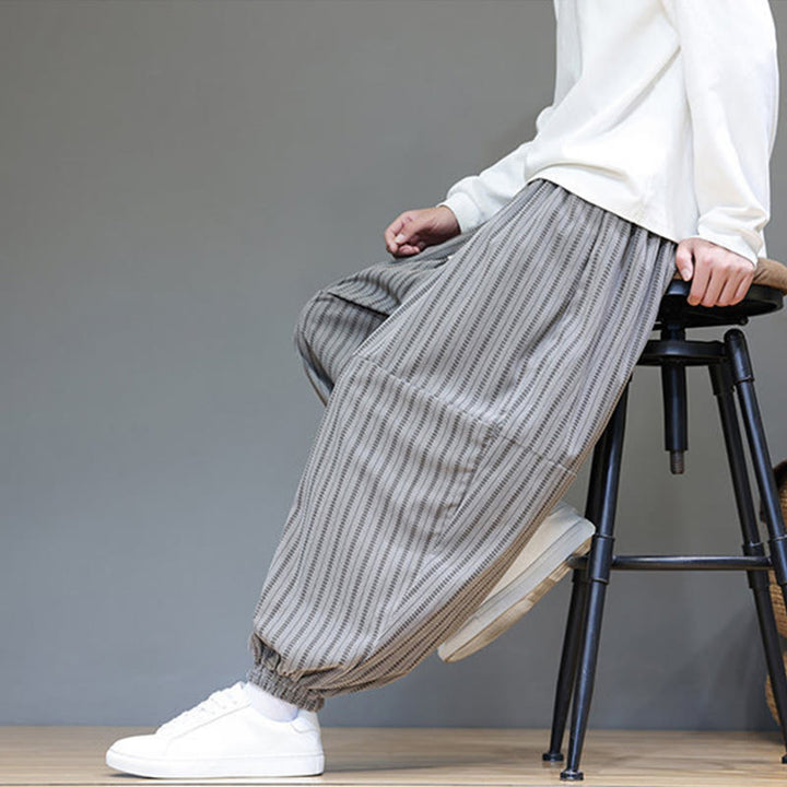 Buddha Stones秋 ストライプ柄 ドローストリング メンズ ハーレム コーデュロイ パンツ ポケット付き - image 49