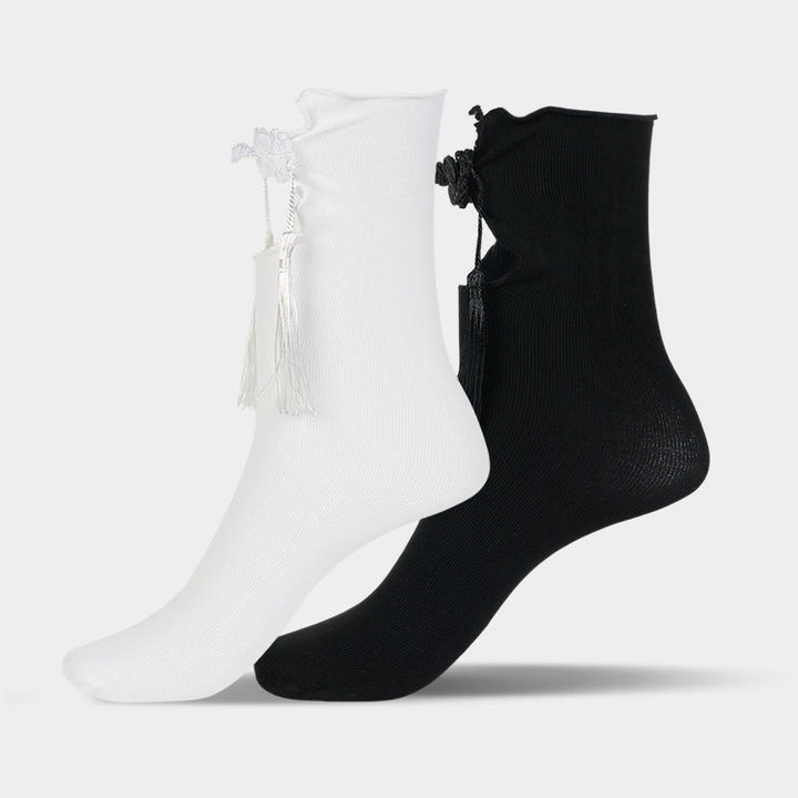 Buddha Stones純色 中国風 カエルボタン タッセルデザイン レディース マイクロクルー コットンソックス - image 11