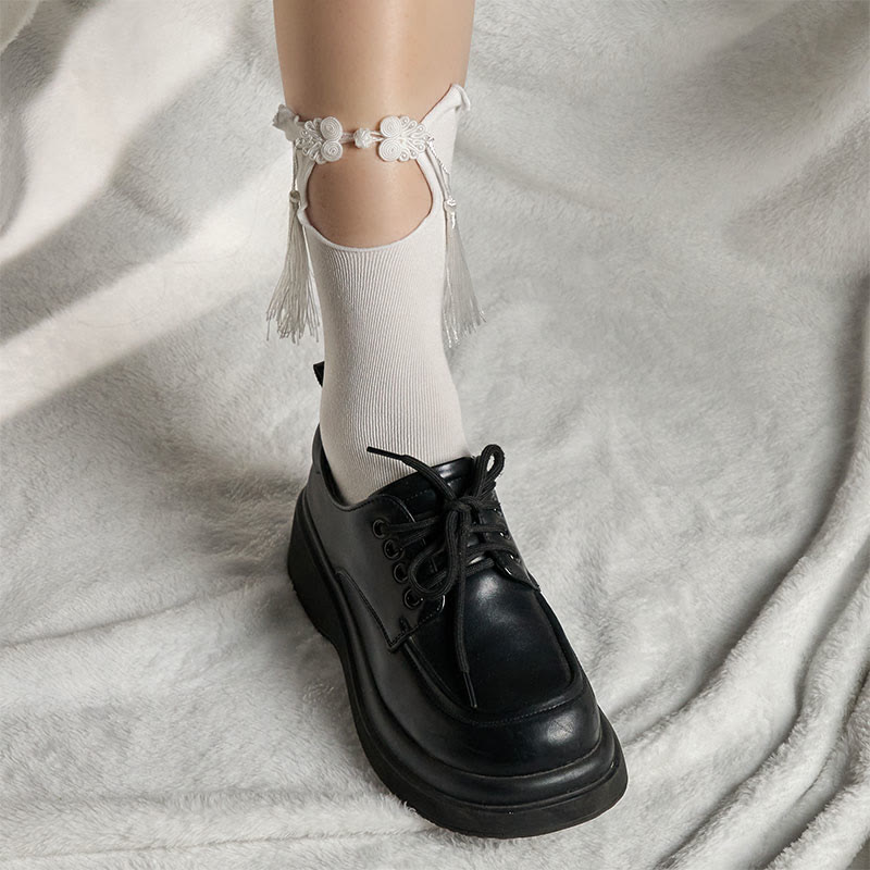 Buddha Stones純色 中国風 カエルボタン タッセルデザイン レディース マイクロクルー コットンソックス - image 7