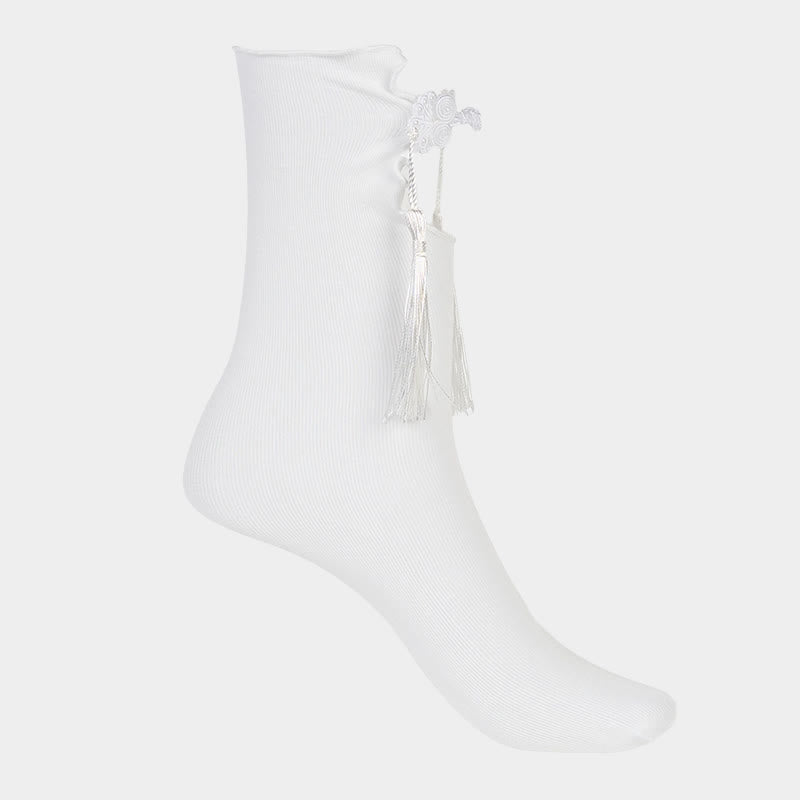 Buddha Stones純色 中国風 カエルボタン タッセルデザイン レディース マイクロクルー コットンソックス - image 9