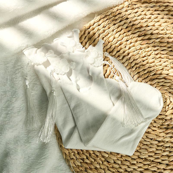 Buddha Stones純色 中国風 カエルボタン タッセルデザイン レディース マイクロクルー コットンソックス - 2組の白 - フリーサイズ (US4–9、EU34–39、UK/AU2.5-6、Asia22-24.5cm) - image 6