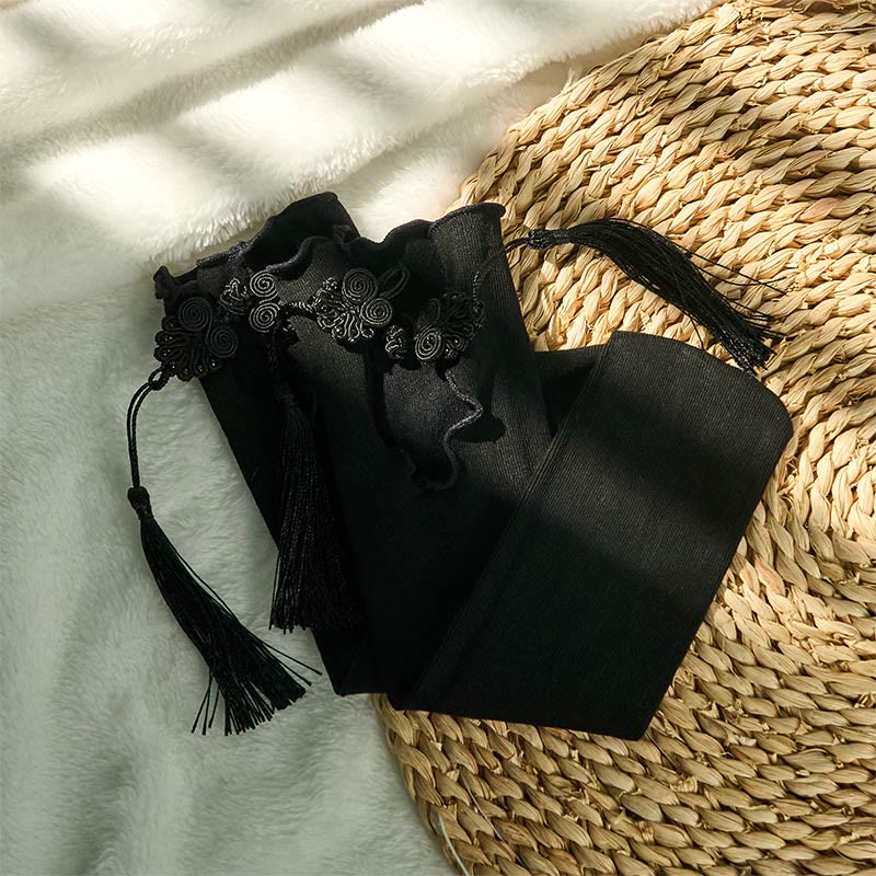 Buddha Stones純色 中国風 カエルボタン タッセルデザイン レディース マイクロクルー コットンソックス - image 1