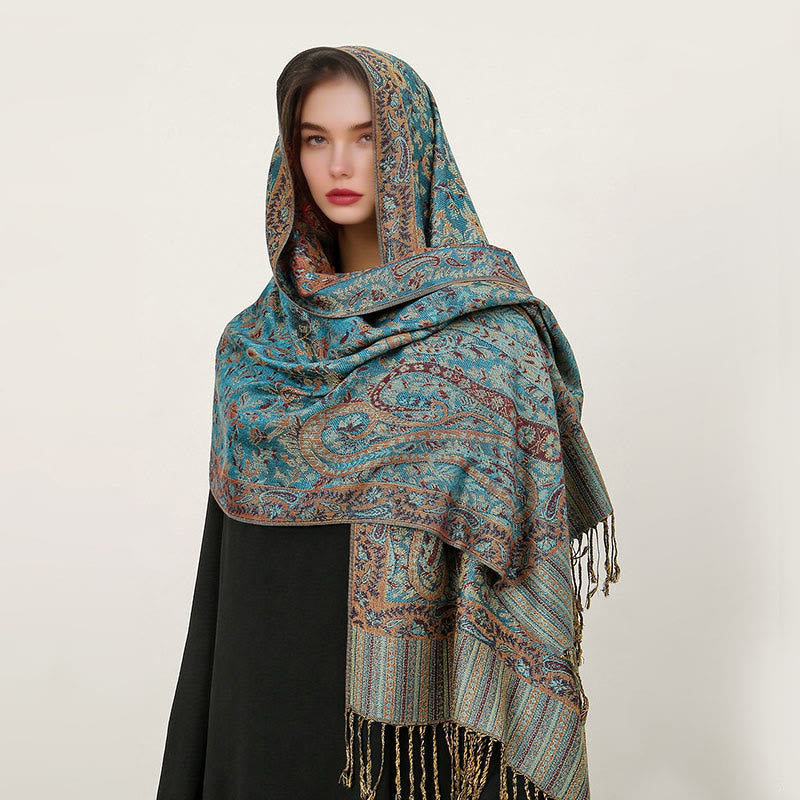 Buddha Stonesエスニック デイリー チベット ペイズリー柄 タッセル コージー スカーフ ショール - ライトシーグリーン - 70×180cm - image 22