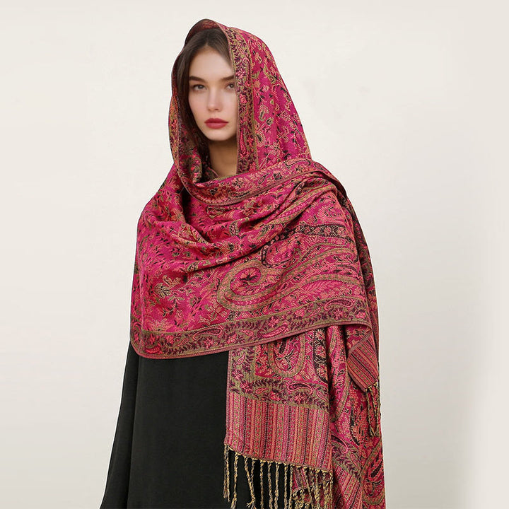 Buddha Stonesエスニック デイリー チベット ペイズリー柄 タッセル コージー スカーフ ショール - ミディアムバイオレットレッド - 70×180cm - image 6