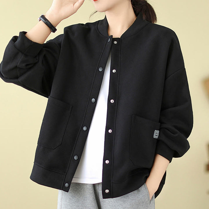 Buddha Stones無地 レディース ボタン クルーネック 長袖 コットンジャケット ポケット付き - image 5