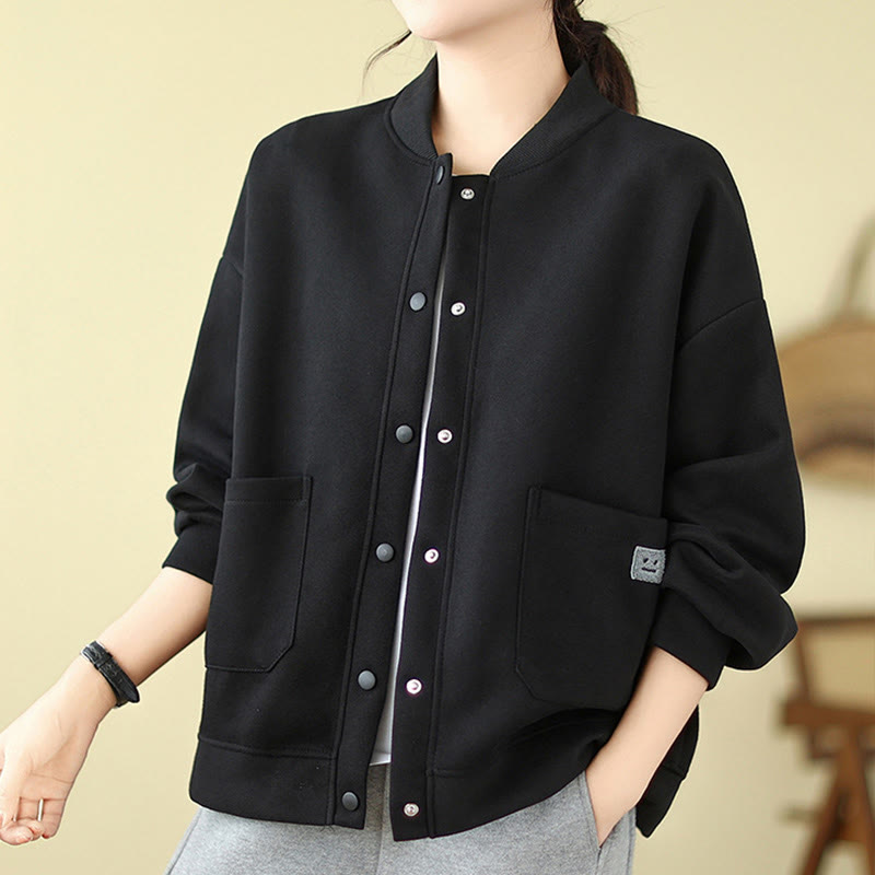 Buddha Stones無地 レディース ボタン クルーネック 長袖 コットンジャケット ポケット付き - image 1