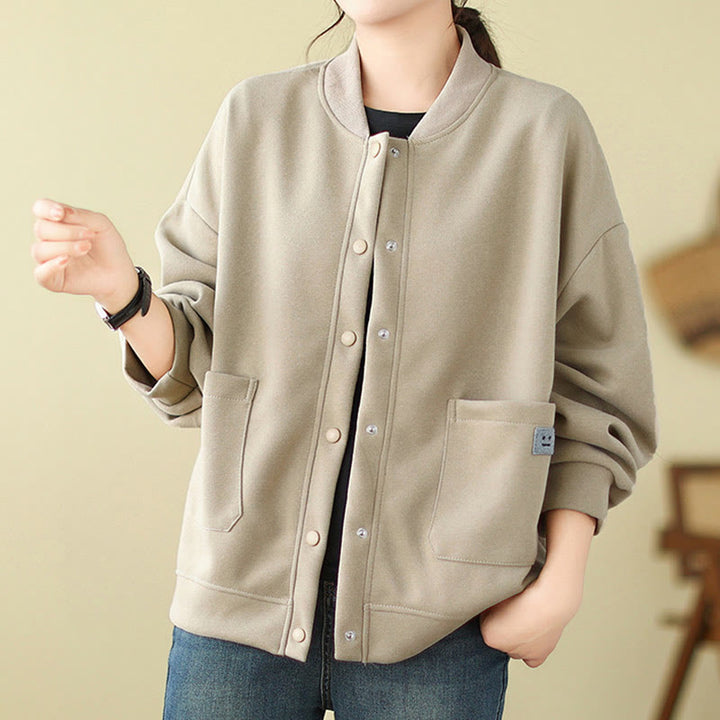 Buddha Stones無地 レディース ボタン クルーネック 長袖 コットンジャケット ポケット付き - image 12