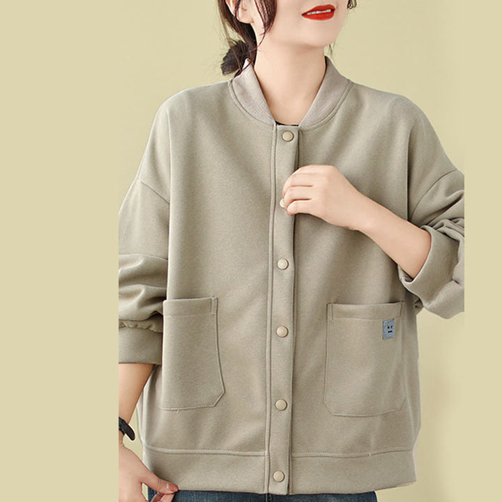 Buddha Stones無地 レディース ボタン クルーネック 長袖 コットンジャケット ポケット付き - image 9