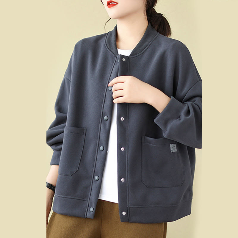 Buddha Stones無地 レディース ボタン クルーネック 長袖 コットンジャケット ポケット付き - スティールブルー - US12、 UK/AU16、 EU44 (XL) - image 24