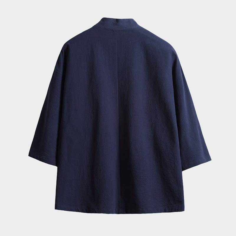 Buddha Stones無地 レースアップ 七分袖 オープンフロント ジャケット メンズ 着物 - image 1